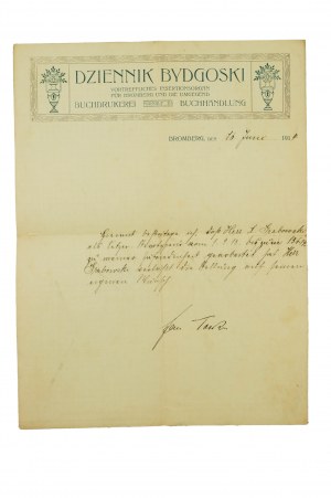 Dziennik Bydgoski , KORESPONDENCIA zo 16. júna 1914, autogram vydavateľa Jána Tesku , [AW1].