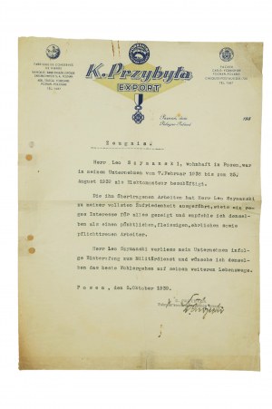 K. PRZYBYŁA Fabbrica di conserve e prodotti a base di carne, CORRISPONDENZA del 5.10.1939, [AW1].