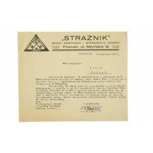 STRAŻNIK Biuro zamykania i strzeżenia domów , Poznań ul. Młyńska 12, KORESPONDENCJA z 11 czerwca 1937r., [AW1]