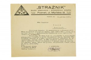 STRAŻNIK Biuro zamykania i strzeżenia domów , Poznań ul. Młyńska 12, KORESPONDENCJA z 11 czerwca 1937r., [AW1]