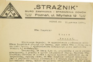 STRAŻNIK Biuro zamykania i strzeżenia domów , Poznań ul. Młyńska 12, KORESPONDENCJA z 11 czerwca 1937r., [AW1]