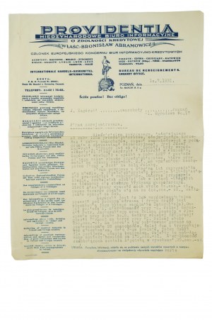 PROVIDENTIA Medzinárodná informačná kancelária Bronislaw Abramowicz, KORESPONDENCIA na 2 kartách z 10.7.1931, [AW1].