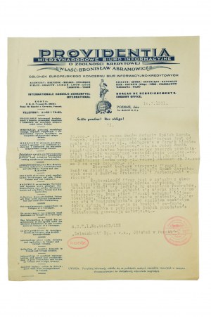 PROVIDENTIA Mezinárodní informační kancelář Bronislaw Abramowicz, KORESPONDENCE na 2 kartách z 10.7.1931, [AW1].