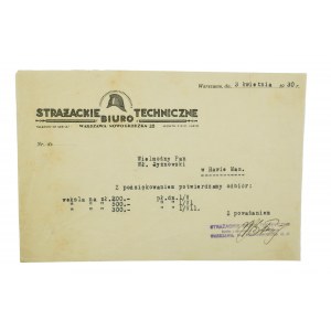 Strażackie Biuro Techniczne Warszawa ul. Nowogrodzka 22, dokument datowany 3 kwietnia 1930r., [AW1]