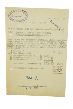 Zaklad ślusarski EUGEN ZUCHO Poznań ul. Głogowska 80, RACHUNEK dated 16.3.1944, [AW1].