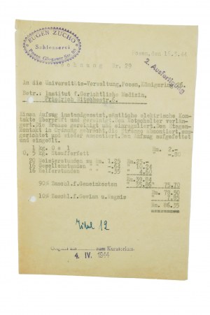 Zaklad ślusarski EUGEN ZUCHO Poznań ul. Głogowska 80, RACHUNEK daté du 16.3.1944, [AW1].