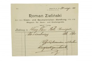 Roman Zieliński Handel materiałami budowlanymi i żelaznmi RACHUNE z 20. mája 1910, [AW1].