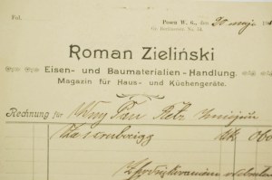 Roman Zieliński Handel materiałami budowlanymi i żelaznmi RACHUNE du 20 mai 1910, [AW1].