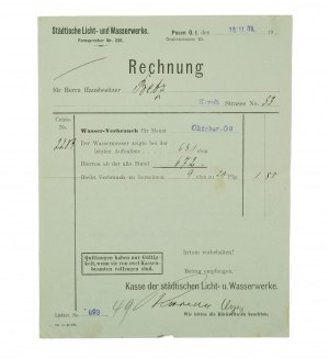 Städtisches Elektrizitäts- und Wasserversorgungsunternehmen Poznań, Grobla-Straße 10, RECHNUNG vom 10.11.1909, [AW1].