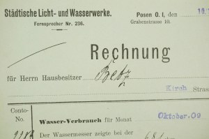 Městská elektrárenská a vodárenská společnost Poznaň, ulice Grobla 10, ÚČET ze dne 10.11.1909, [AW1].