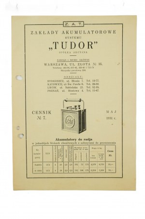 Zakłady Akumulatorowe System TUDOR Spółka Akcyjna CENNIK No. 7, maggio 1931, [AW1].