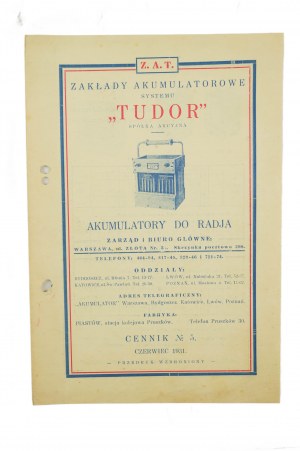 Accumulatori delle batterie del sistema TUDOR per radio, CENNIK n. 5, giugno 1931, [AW1].