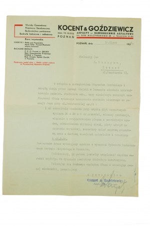 KOCENT & GOŹDZIEWICZ Asphaltes - chaussées en asphalte, CORRESPONDANCE du 18 avril 1938, [AW1].