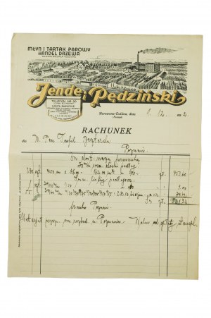 [Murowana Goślina] Jendeho a Pędzińského mlýn a obchod s dřevem na parní pile, ÚČET z 1.XII.1932, krásná kresba v záhlaví, [AW1].