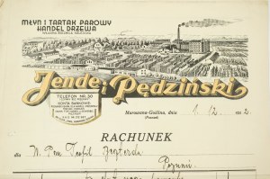 [Murowana Goślina] Jendeho a Pędzińského mlýn a obchod s dřevem na parní pile, ÚČET z 1.XII.1932, krásná kresba v záhlaví, [AW1].