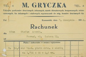 M. GRYCZKA Factory of wire fences, iron fences, worm nets (...) Komorniki, ACCOUNT dated August 7, 1939, [AW1].