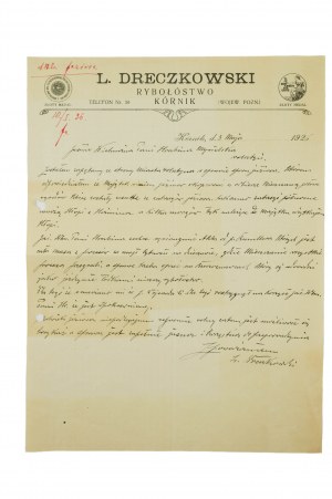 [Kórnik] L. DRECZKOWSKI Rybołóstwo, CORRESPONDANCE du 8 mai 1926 avec l'autographe du propriétaire, [AW1].