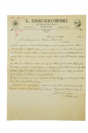 [Kórnik] L. DRECZKOWSKI Rybołóstwo, KORRESPONDENZ vom 8. Mai 1926 mit Autogramm des Besitzers, [AW1].
