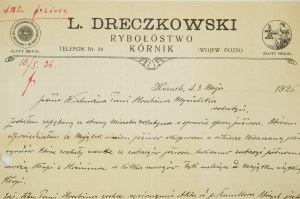 [Kórnik] L. DRECZKOWSKI Rybołóstwo, KORESPONDENCIA z 8. mája 1926 s autogramom majiteľa, [AW1].