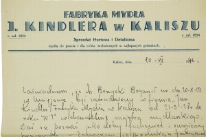 [Kalisz] J. KINDLER mydláreň v Kaliszi ZAŚWIADCZENIE dla majorem mydlarskim, 20.VII.1946r, [AW1].