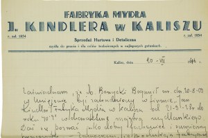 [Kalisz] J. KINDLER usine de savon à Kalisz ZAŚWIADCZENIE dla majorem mydlarskim, 20.VII.1946r, [AW1].