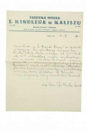 [Kalisz] Fabryka mydła J. KINDLERA w Kaliszu ZAŚWIADCZENIE dla majstra mydlarskiego, 20.VII.1946r., [AW1]