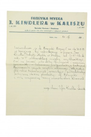 [Kalisz] J. KINDLER Seifenfabrik in Kalisz ZAŚWIADCZENIE dla majorem mydlarskim, 20.VII.1946r, [AW1].