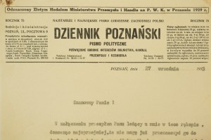 DZIENNIK POZNAŃSKI pismo polityczne, Poznaň 27. septembra 1933, [AW1].