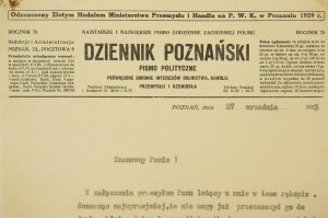 DZIENNIK POZNAŃSKI pismo polityczne, Poznań dnia 27 września 1933r., [AW1]