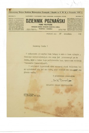 DZIENNIK POZNAŃSKI pismo polityczne, Poznaň 27. septembra 1933, [AW1].