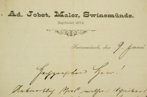 [Swinoujscie] Ad. Jobst , painter , CORRESPONDENCE dated June 9, 1902, [AW1].