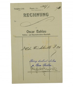 Compte de l'entrepôt de charbon et de matériaux de construction d'Oscar BAHLAU, daté du 31.I.1910, [AW2].