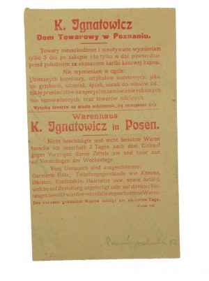 K. Grandi magazzini IGNATOWICZ di Poznań, CONTO su stampa con pubblicità, [AW2].