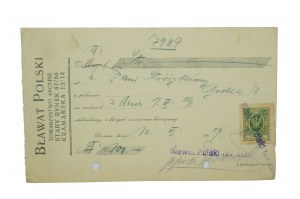 BŁAWAT POLSKI Towarzystwo Akcyjne POKWITOWANIE WPŁATY z dnia 10.VI.1929r., [AW2]