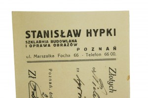 Szklarnia budowlana i oprawa obrazów Stanisław Hypki Poznań ul. Focha 66, POKWITOWANIE na 20 złotych, datowane 5.3.1937r., [AW2]