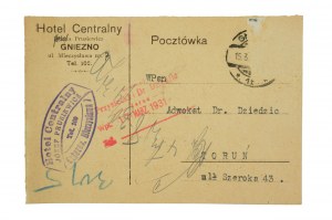 Hotel Central Jozef Prusiewicz, Gniezno 7 Mieczyslaw Street, Postcard with correspondence, [AW2].