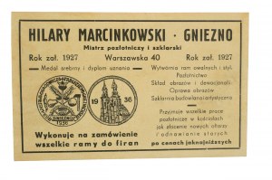 Hilary Marcinkowski mistrz pozłotniczy i szklarski, Gniezno ul. Warszawska 40, REKLAMA, [AW2]