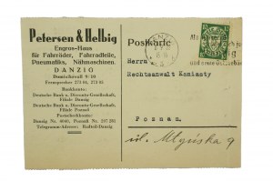 [Gdańsk] Petersen & Helbig Hurtownia rowerów, części, opon Danzig Dominikswall 9/10, POCZTÓWKA z reklamą i korespondencją, datowana 6.9.1932r. [AW2]