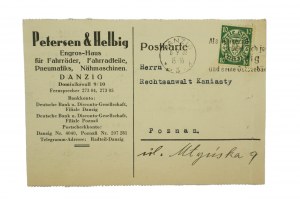 [Gdaňsk] Petersen & Helbig Velkoobchod s jízdními koly, díly, pneumatikami Danzig Dominikswall 9/10, Pohlednice s reklamou a korespondencí, datováno 6.9.1932. [AW2]