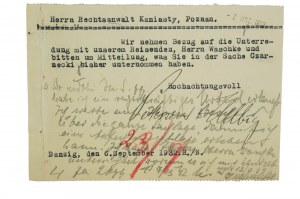 [Danzig] Petersen & Helbig Großhandel Fahrräder, Teile, Reifen Danzig Dominikswall 9/10, Postkarte mit Werbung und Korrespondenz, vom 6.9.1932. [AW2]