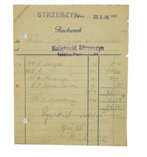 RECHNUNG des Gutes Strzeszyn für Milch, Quark und Buttermilch vom 31.5.1936.