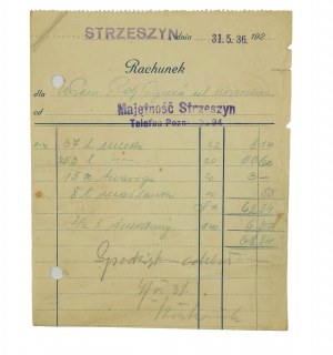Strzeszyn estate ACCOUNT for milk, curd and buttermilk dated 31.5.1936.