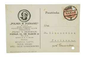 POLMIN à Poznań Sp. z o.o., usine nationale d'huiles minérales, carte postale avec publicité de l'entreprise, datée du 16.3.1929, [AW2].