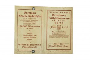 Eintrittskarte für die Breslauer Frühjahrsmesse vom 5. bis 8. April 1921, RARE, [AW2].