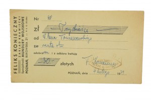 Feliks Konieczny Tailor shop, specialty military uniforms, RECEIPT OF PAYMENT an print with company letterhead, dated February 4, 1939, [AW2].