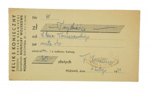 Feliks Konieczny Tailor shop, specialty military uniforms, RECEIPT OF PAYMENT an print with company letterhead, dated February 4, 1939, [AW2].