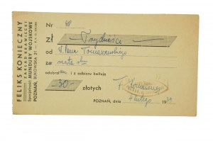 Feliks Konieczny Zakład krawiecki, specialità uniformi militari, RICEVUTA DI PAGAMENTO a stampa con carta intestata dell'azienda, datata 4 febbraio 1939, [AW2].