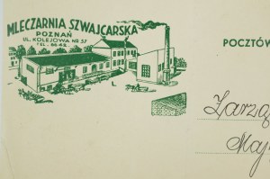 Švýcarská mlékárna Poznaň ul. Kolejowa 57, pohlednice s grafickým vyobrazením mlékárny, datováno 28.XI.1936, [AW2].