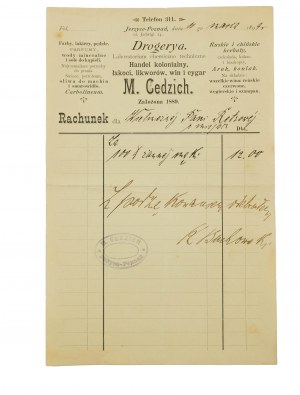 Drogerya Handel kolonialny, łakoci, likworów, win i cygar M. Cedzich RACHUNEK za mąkę, datowany 10 marca 1899r., [AW2]
