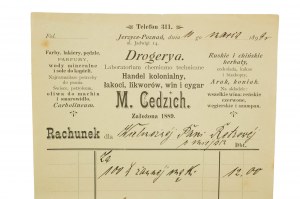 Drogerya Handel kolonialny, łakoci, liqueurs, vins et cigares M. Cedzich COMPTE pour la farine, daté du 10 mars 1899, [AW2].